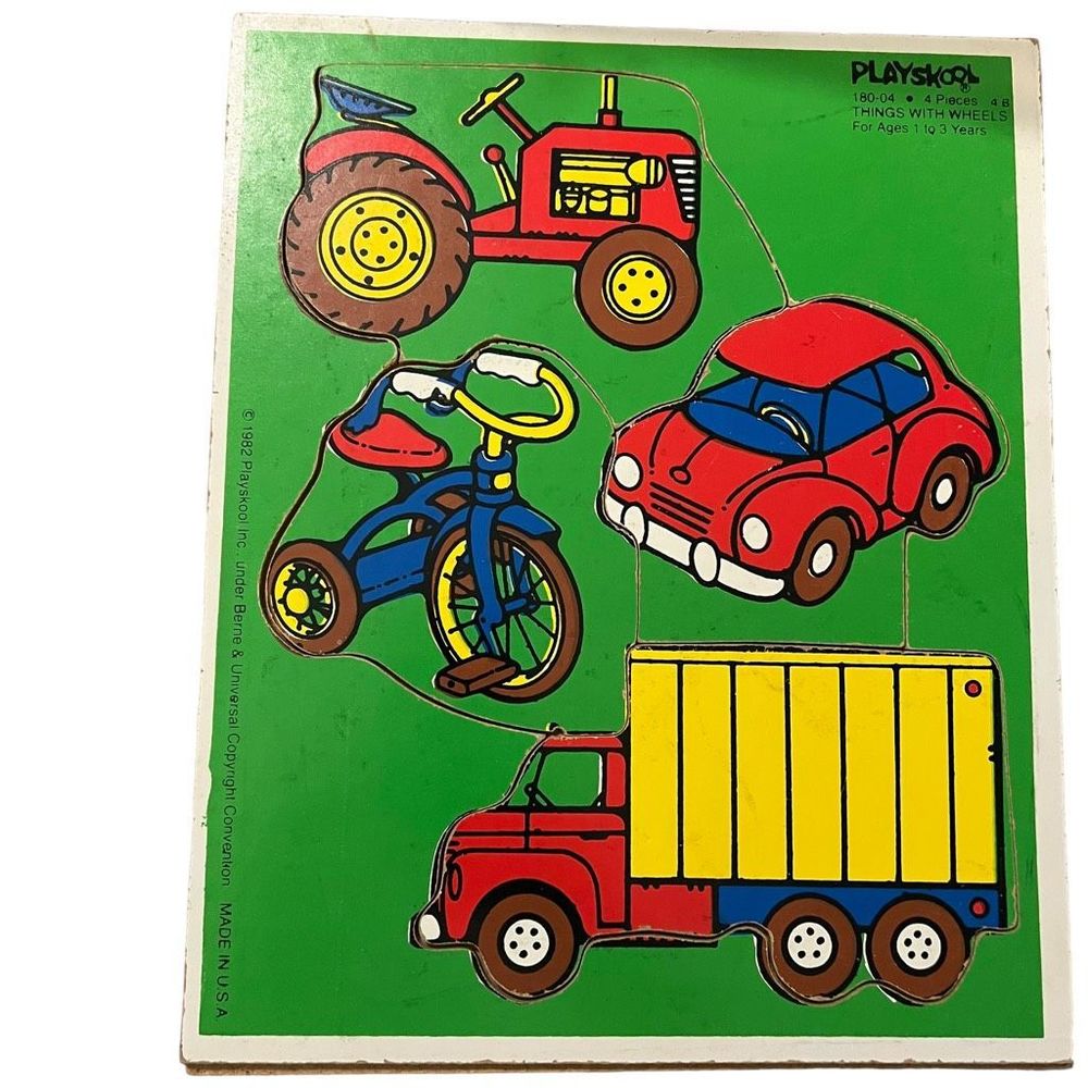 Vintage Playskool Things With Wheels Tray Puzzle 4‎ Piece 1982 180-04 Ages 1-3
